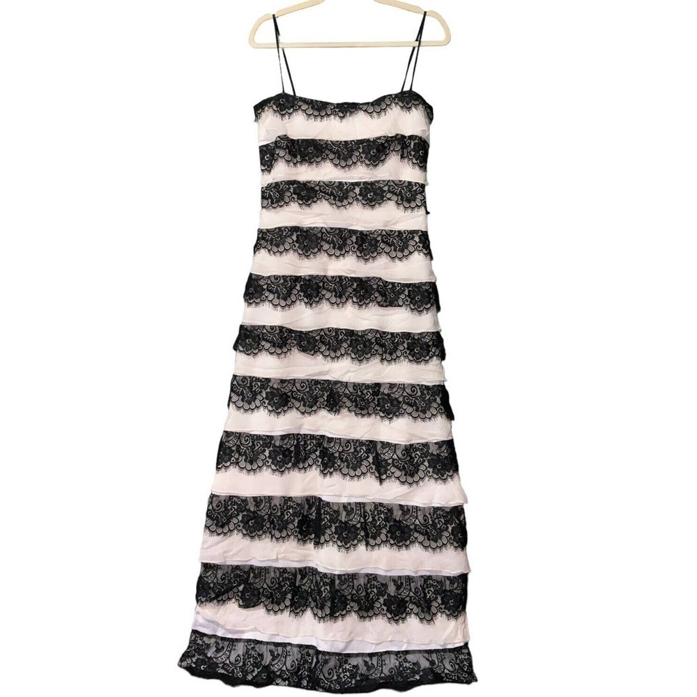 Tadashi Shoji Women’s Dress 100% Silk Layered Maxi Tiered Gown Black Cream Sz 8